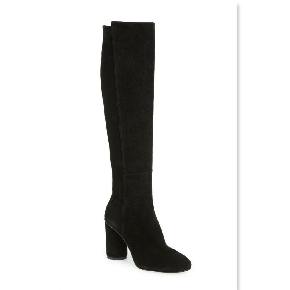 New STUART WEITZMAN Black Suede Leather Knee High Block Heel Boots 8